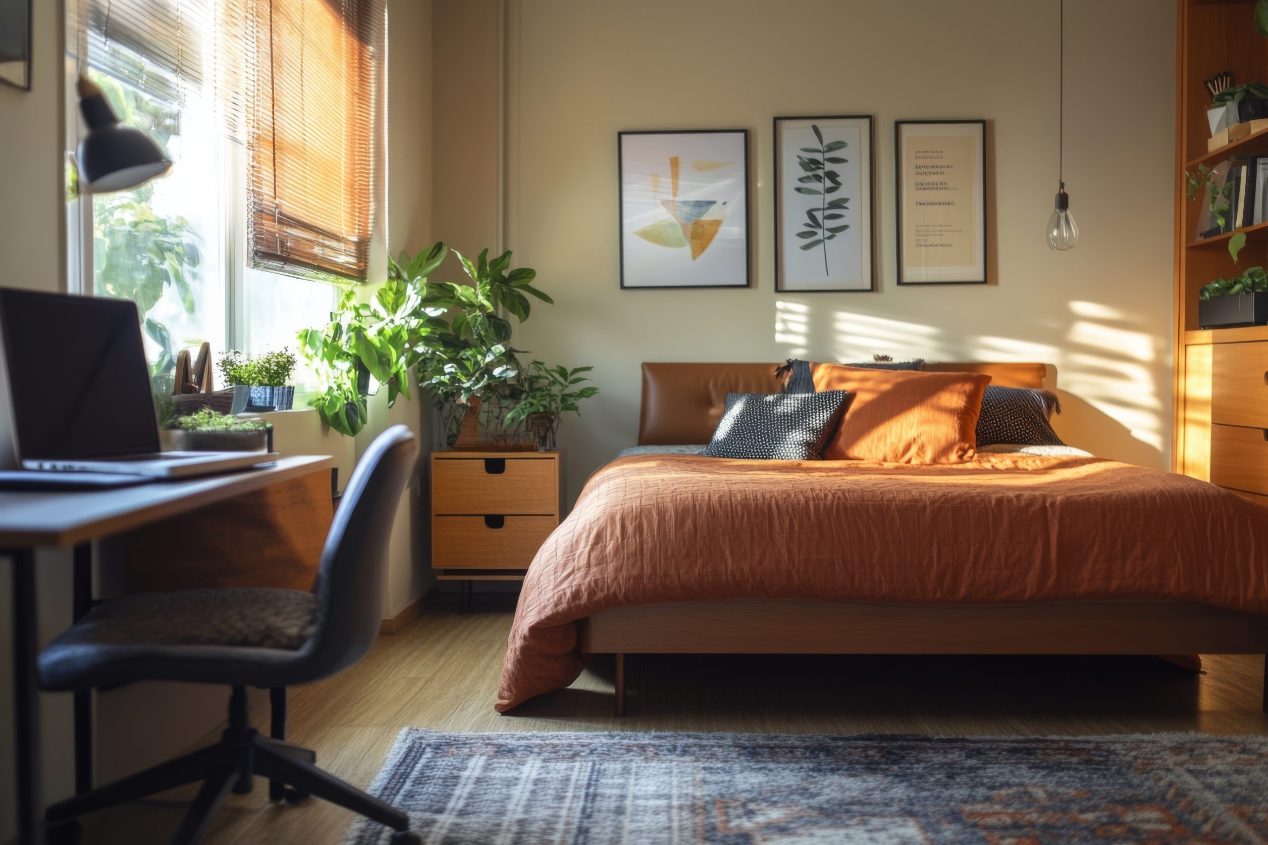Cozy bedroom with decorative elements and natural light from windows in a tranquil setting