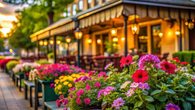 closeup of flowers next to an outdoor restaurant seating
